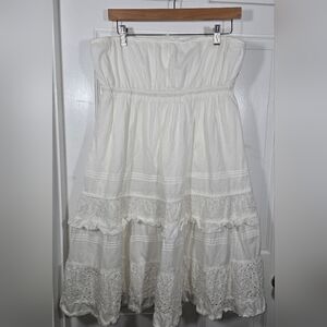 J Crew White Strapless Eyelet Ruffled Detail Tiered Silhouette Boho Dress Sz 10